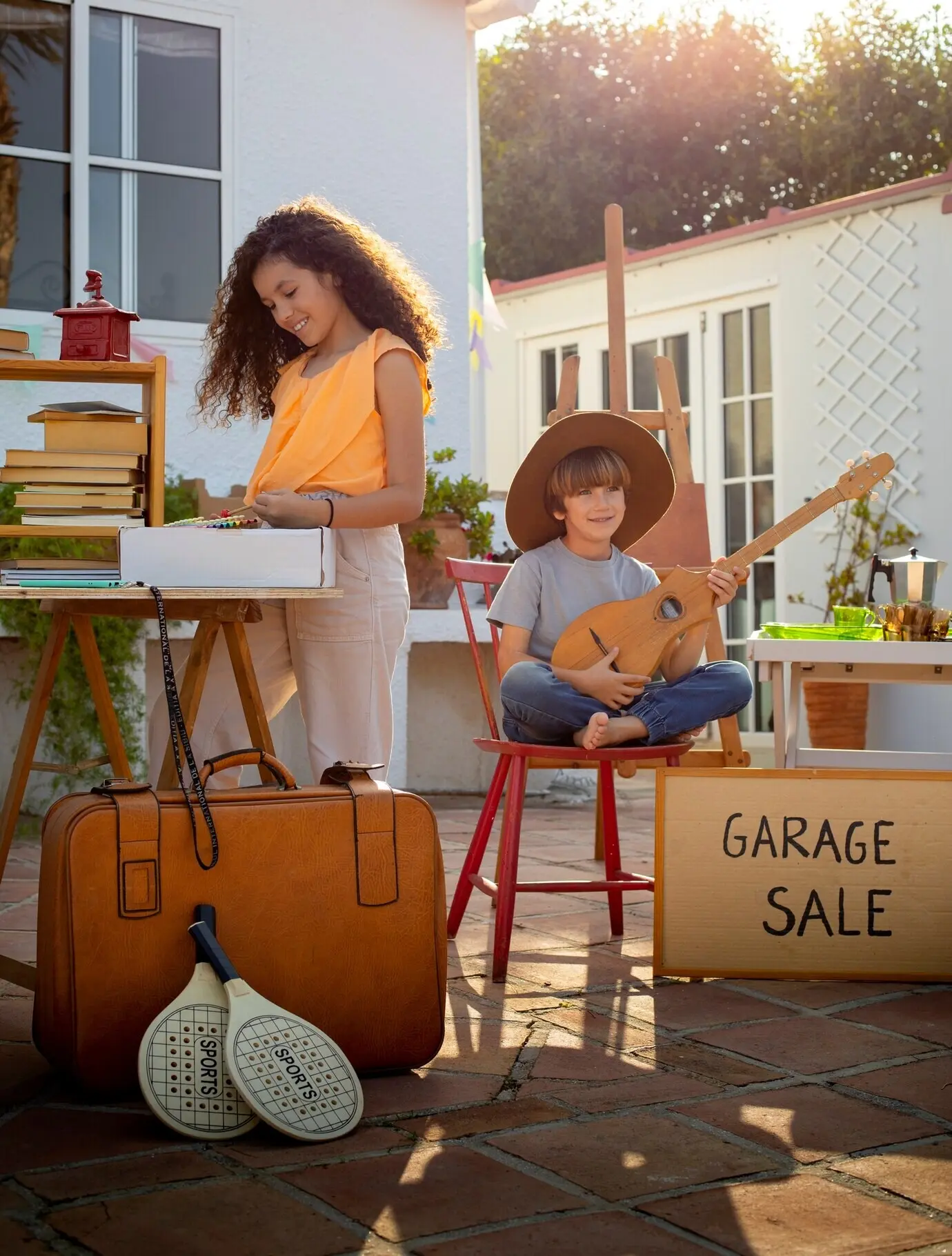 Ganzkörperaufnahme eines Mädchens und eines Jungen bei einem Garagenverkauf.