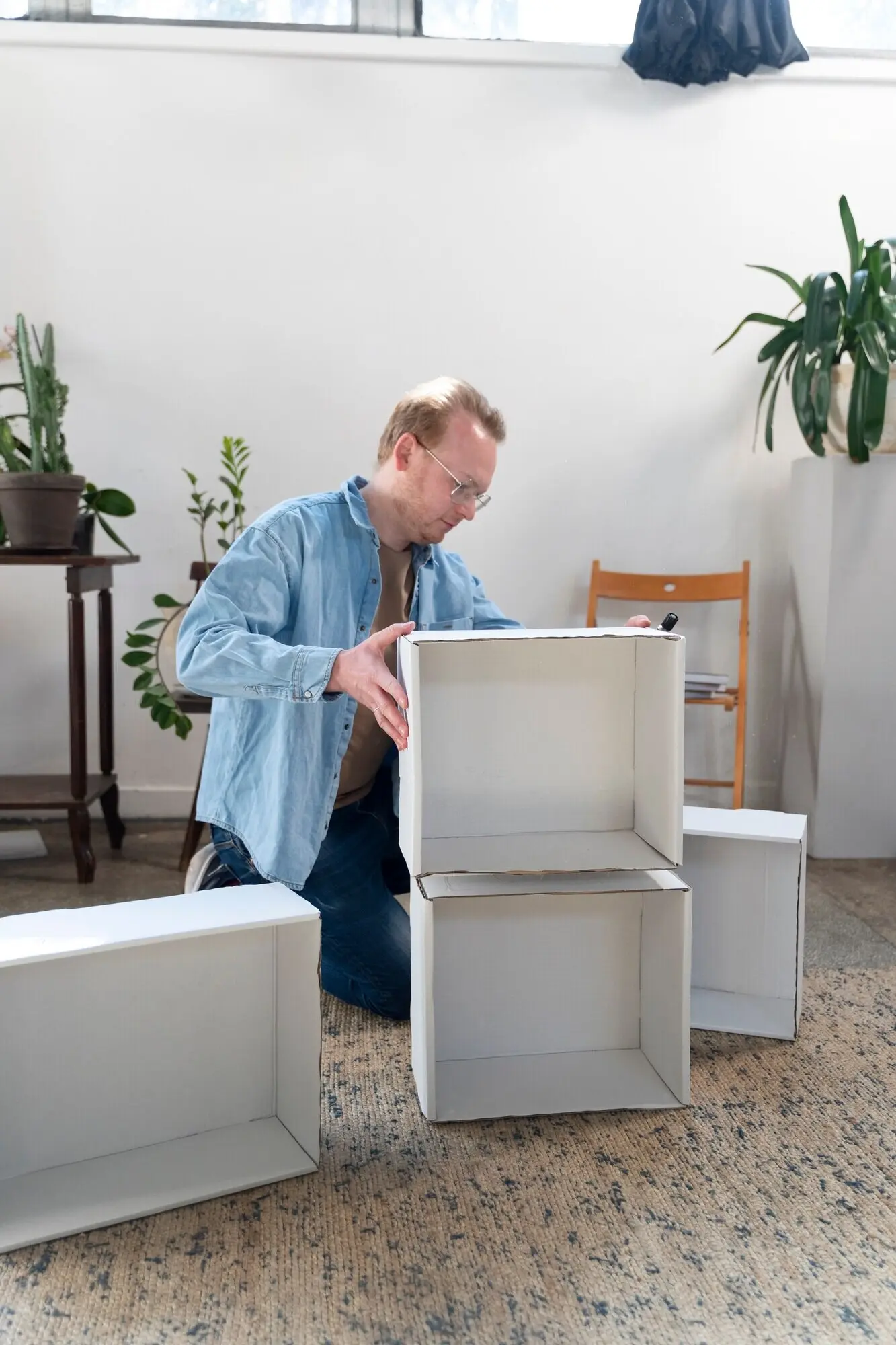 Erwachsene Person, die Gegenstände auf kreative Weise wiederverwendet